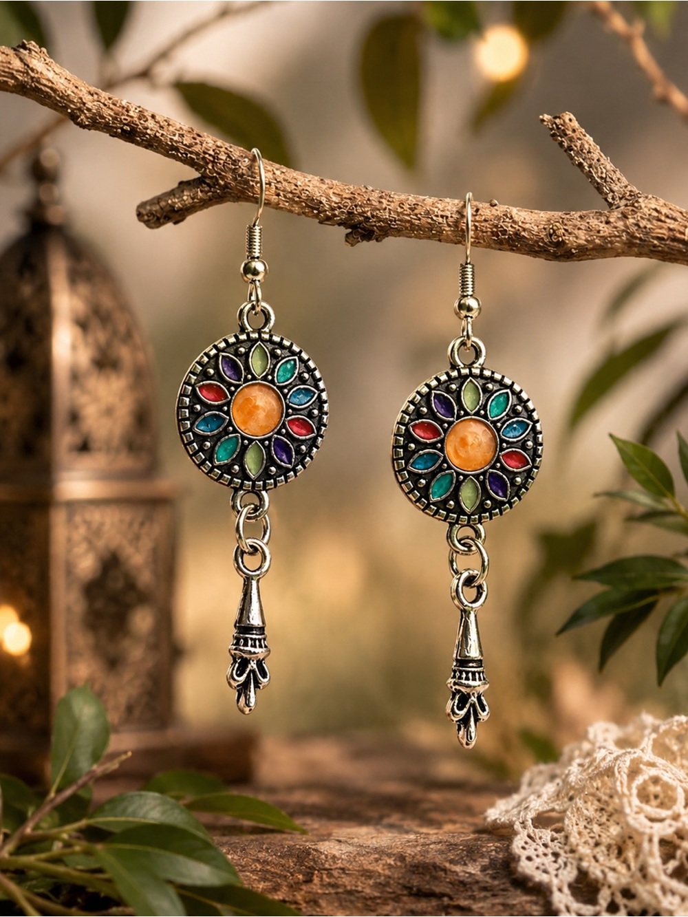 Boho Mosaic Drop Earrings, Colorful Medallion Dangles